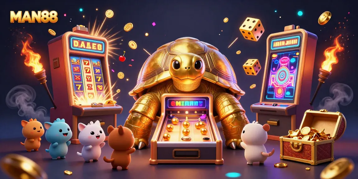 Experience thrilling gaming with MAN88 as tiny animals enjoy the pinball tortoise and slot machine wonders.