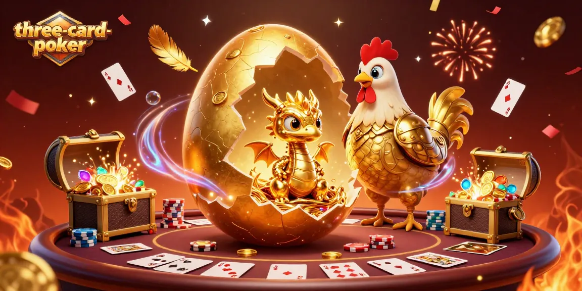 Engage in three-card-poker action with a dazzling baby dragon and golden poker chips in a magical casino setting.