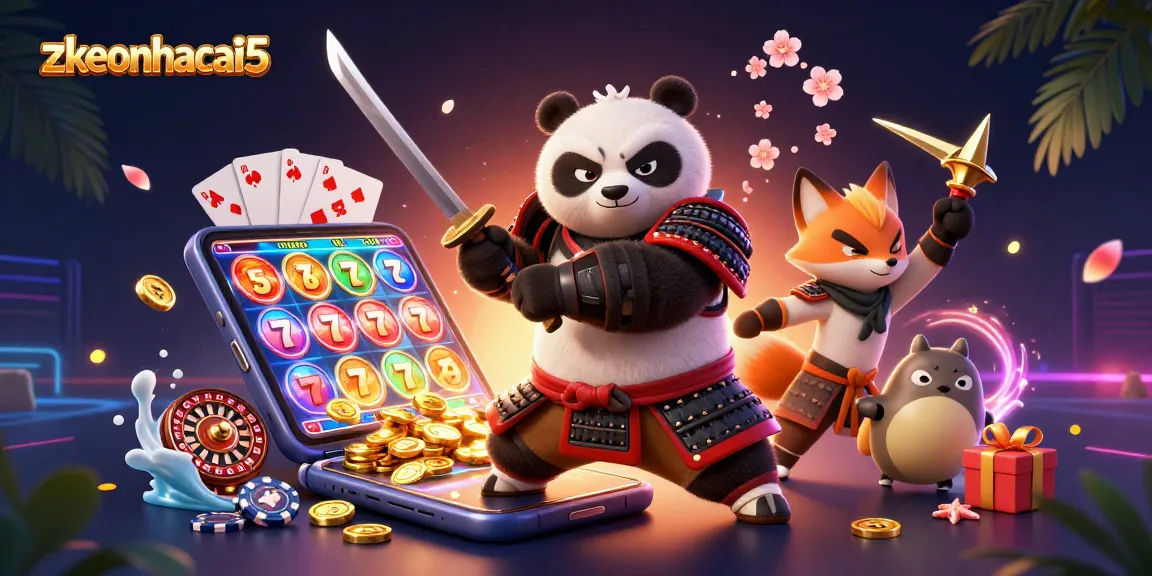 Engage with zkeonhacai5 through vibrant 3D casino illustration featuring samurai, ninja, and tanuki.