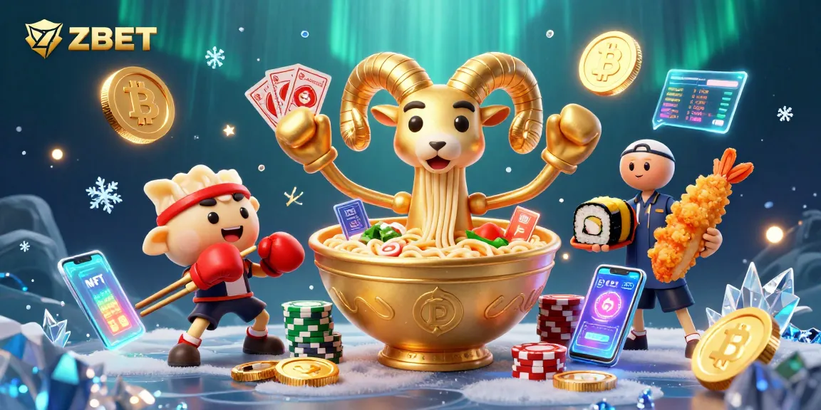ZBET interactive scene showcasing a cartoon ramen dealer and crypto symbols in a vibrant casino atmosphere