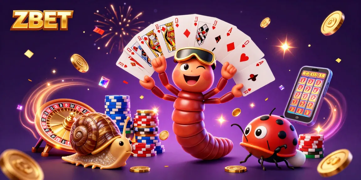 ZBET interactive gaming scene showcasing a millipede dealer and snail high-roller amidst casino excitement.