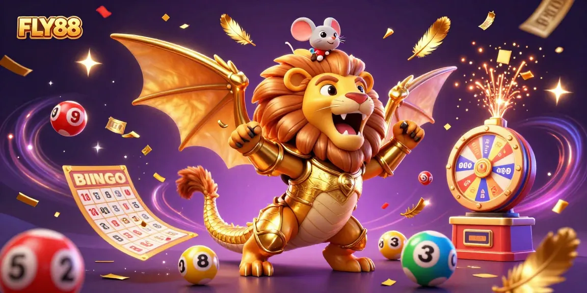 Experience FLY88's thrilling gaming action with a 3D chimera and colorful game elements.