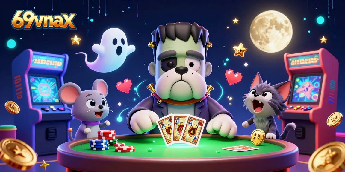 Engage in exciting gameplay at 69vnax with a captivating 3D illustration of lively casino characters and vibrant game elements.
