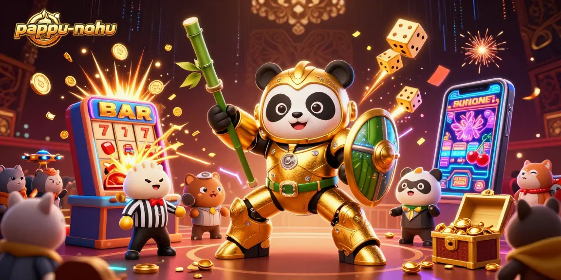 Pappu-nohu game featuring a golden panda in a mech-suit amidst a vibrant jackpot explosion.