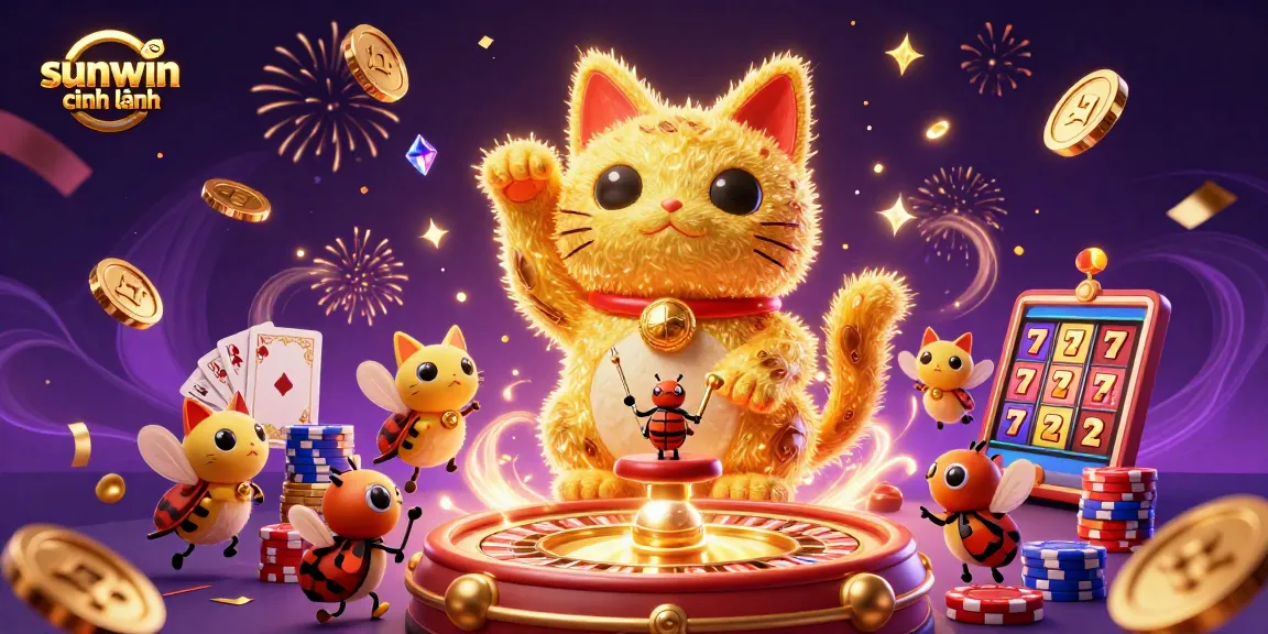 Experience luck and excitement with sunwin chính hãng in this vibrant 3D illustration full of casino symbols.