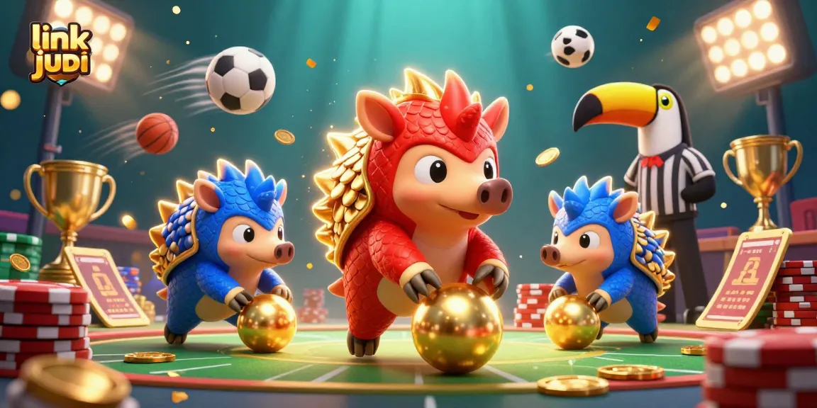 Experience the thrill of sports betting with link judi bola in a vibrant 3D illustration showcasing dynamic pangolin characters.