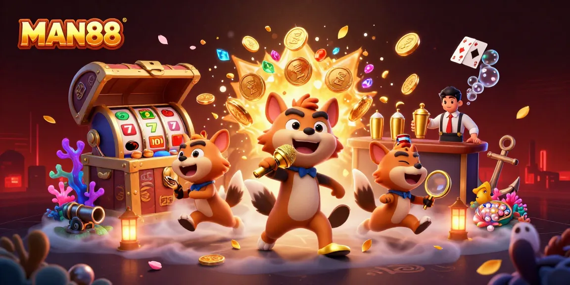 Experience the vibrant comedy casino scene of MAN88 with hyenas, jokes, and slot games.